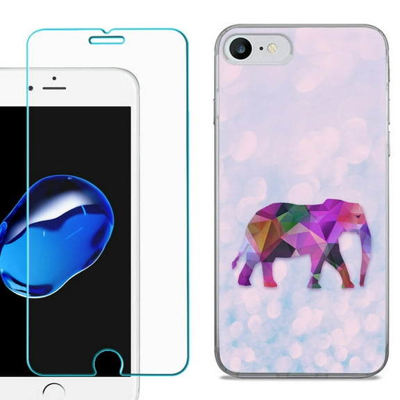 For Apple iPhone SE 2020 Case, Slim-Fit TPU Phone Case, with Tempered Glass Screen Protector, by OneToughShield ® - Elephant /Polygon