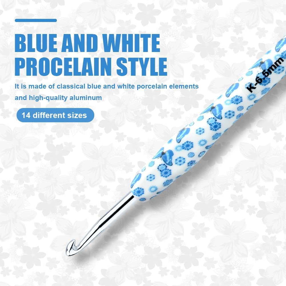 Crochet Hooks Set with Case 14 Size Blue Butterfly Flower Pattern for Arthritis Hands, 2.25mm(B)-10mm(N) Crochet Needles for Beginners Christmas Gift New Year's Presents Crochet Lovers