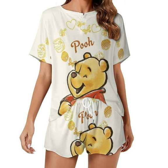 Women's Winnie The Poo Pajamas Set 2 Piece Short Sleeve Shirt and Shorts Loungewear Sleepwear