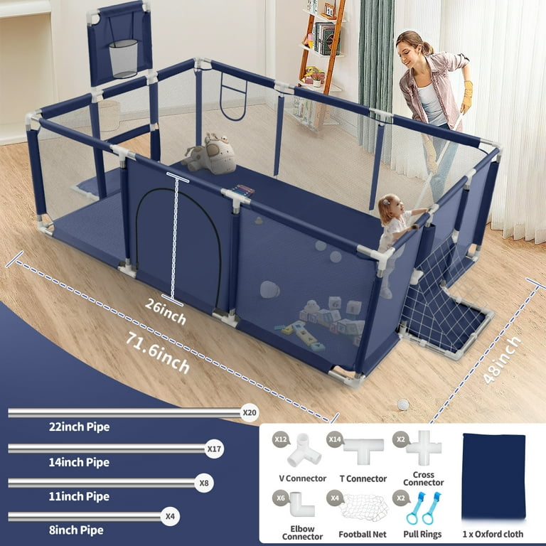 Baby Playpen,71 Inch Extra Large Baby Playard With Basketball Hoop and  Breathable Mesh,Children Kids Play Fence for Indoors Outdoors,Blue