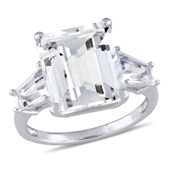 AMOUR 8 7/8 CT TGW Emerald and Tapered-cut White Topaz 3-sTone Ring In Sterling Silver