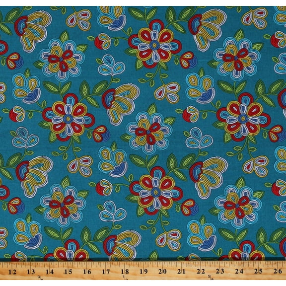 Cotton Southwestern Flowers Floral Beadwork Beaded-Look Tucson Turquoise Cotton Fabric Print by the Yard (449TURQUOISE)