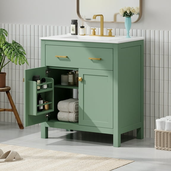MAYEERTY 30" Bathroom Vanity - Ceramic Sink, Green Cabinet (2 Doors Shelf), Soft-Close Doors