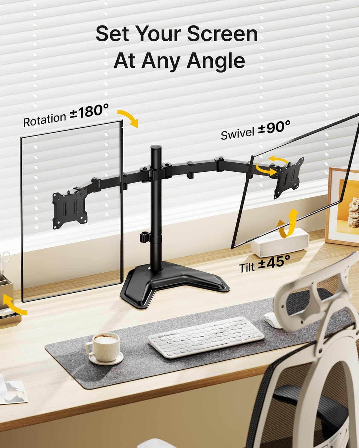 monTEK Freestanding Dual Monitor Stand for 17"–32" Screens, Heavy Duty Monitor Mount with Solid V-Shaped Base, Holds up to 22 lb per Arm, Fully Adjustable VESA 75/100mm Desk Stand, Matte Black