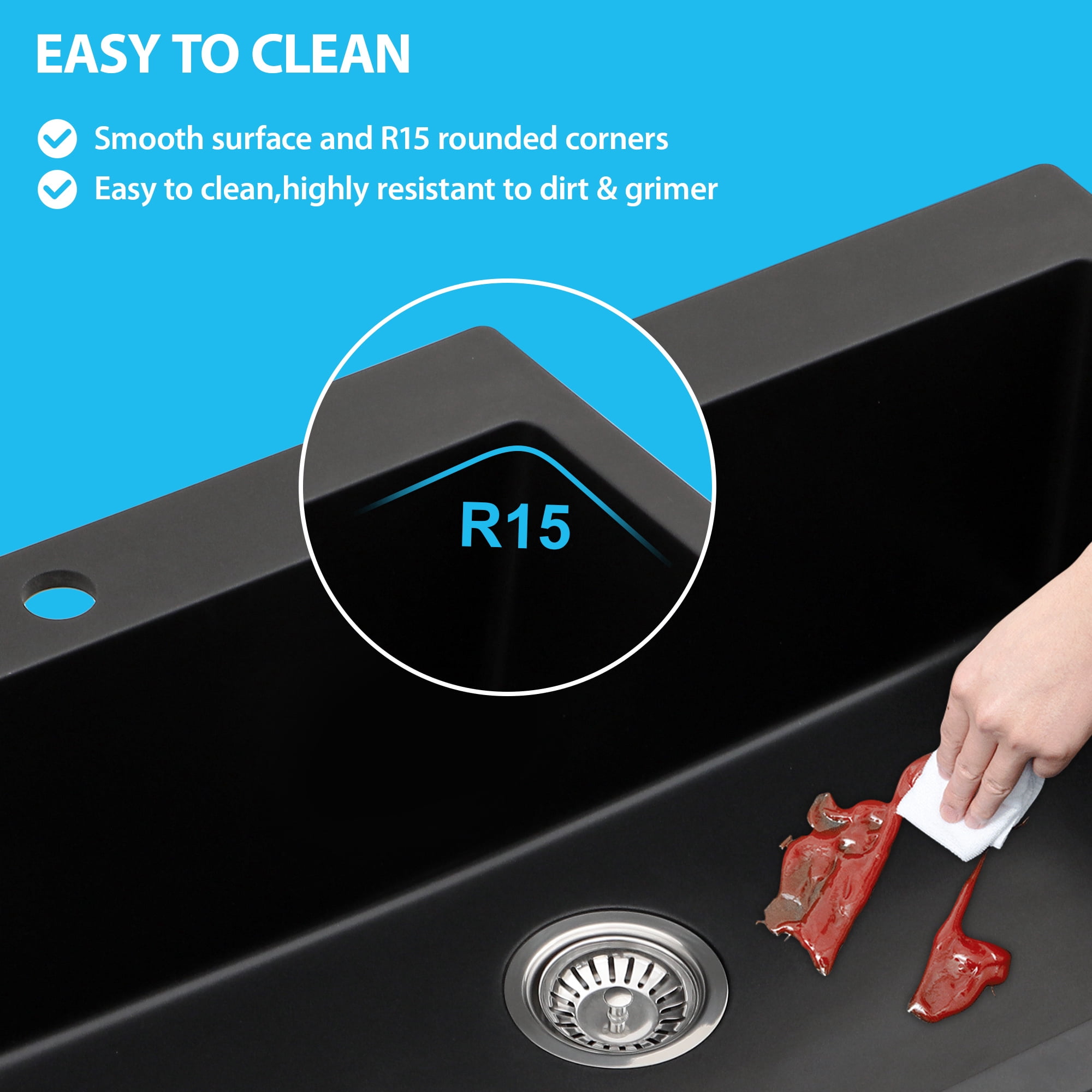 33 Inch Drop-In Topmount Single Bowl Granite Quartz Composite Kitchen Sink, Black, Heat Resistant Scratch Resistant Easy to Clean Non-Porous Sink with Bottom Grid, Drain Strainer