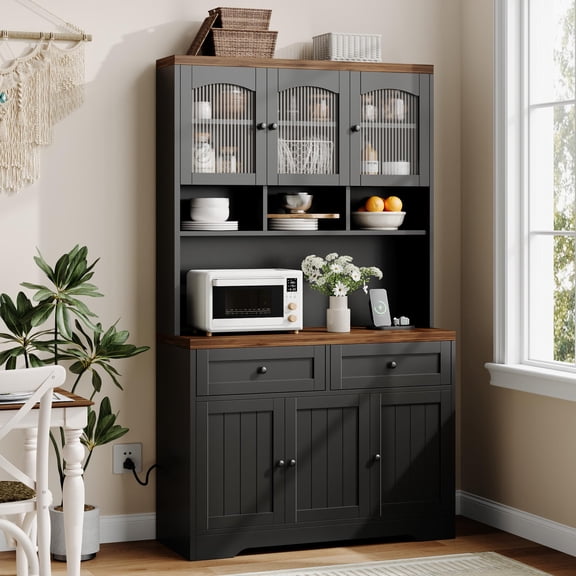 71" Pantry Cabinet with Charging Station, Tall Kitchen Pantry Storage Cabinet with Microwave Stand, Farmhouse Kitchen Hutch with Storage Drawers for Living Room, Dining Room, Black