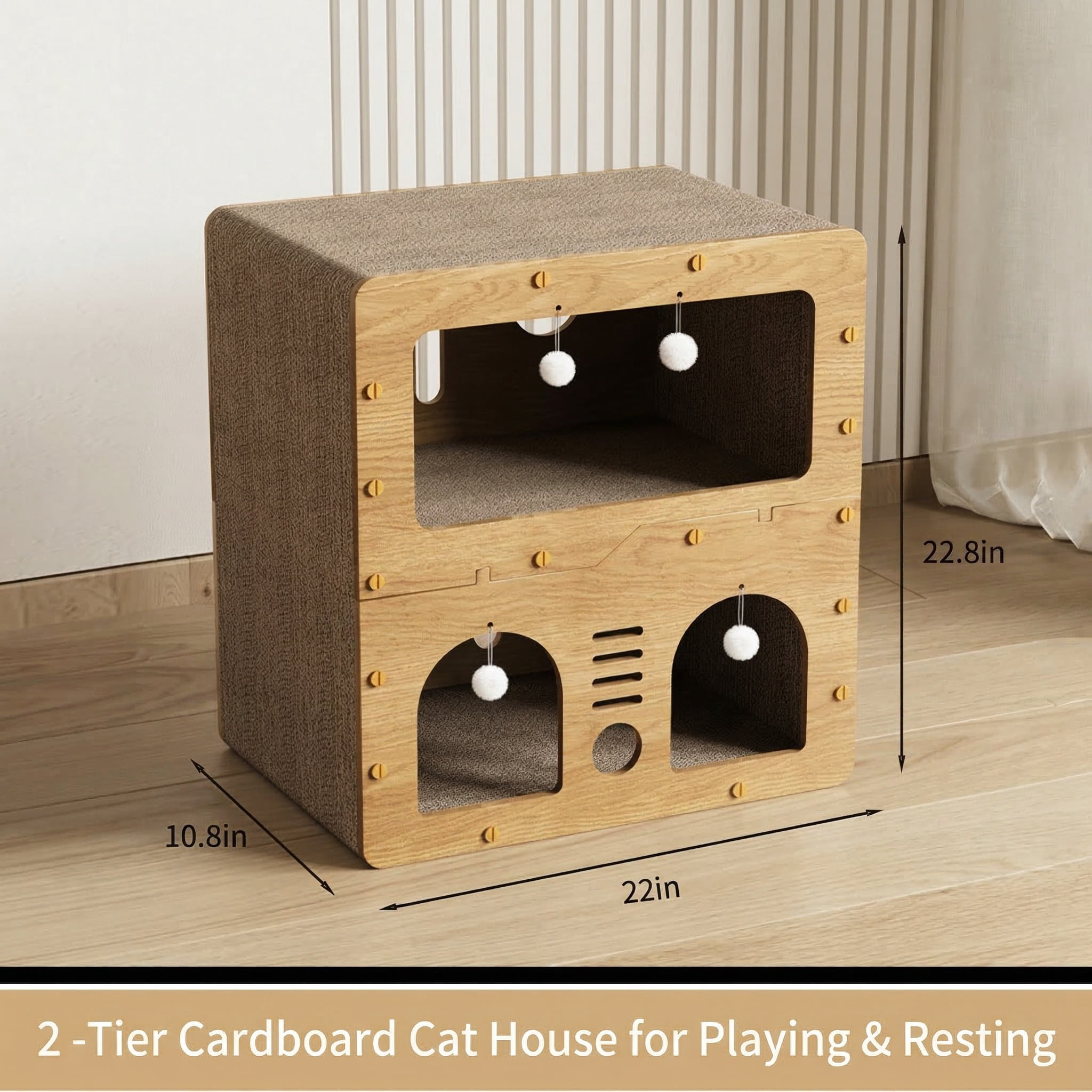 LCOKEIY  Natural Wood Wooden Cat Tree Tower, for Cats up to 20 lbs