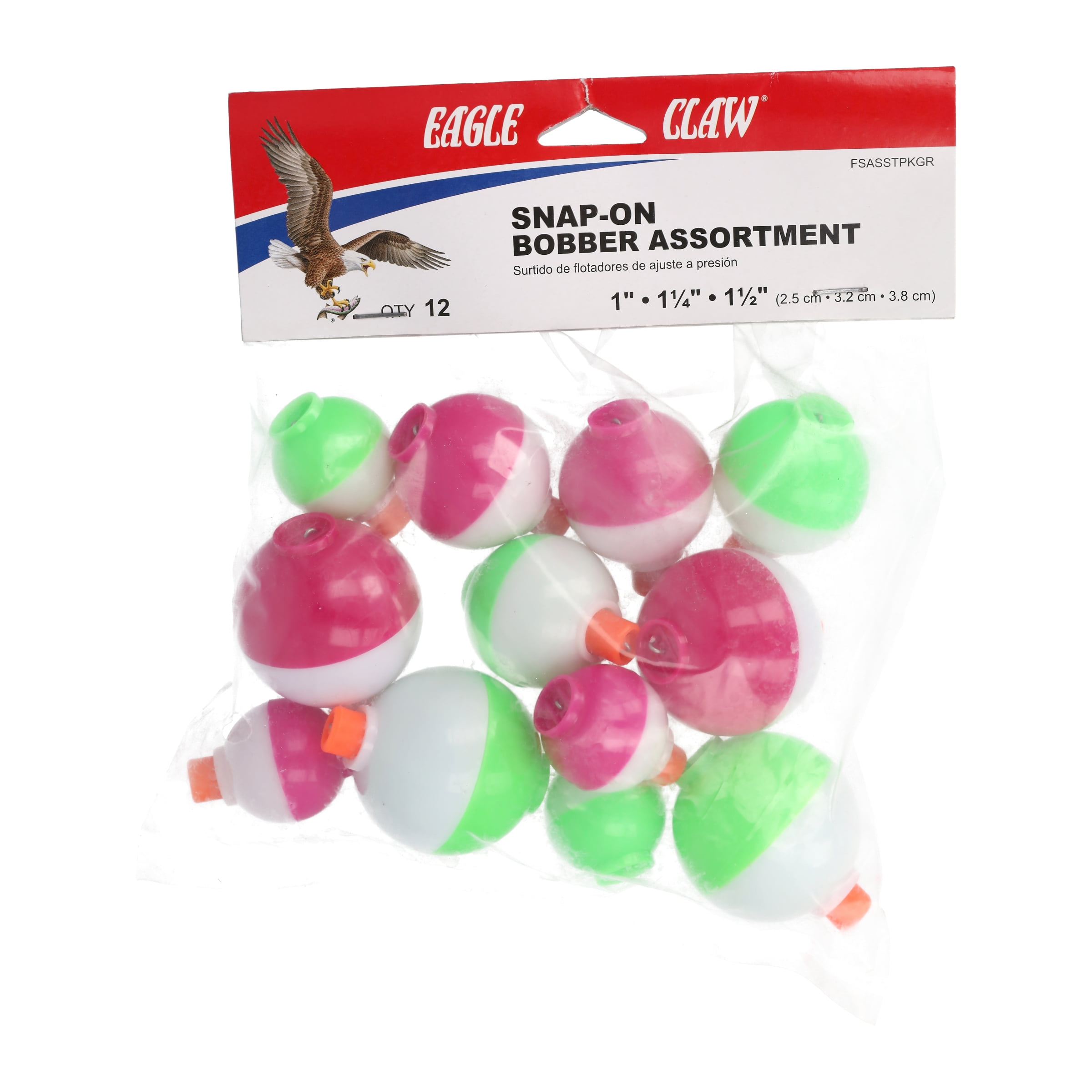 SNAP ON FLOAT ASSORTMENT 50 ASSORTED FISHING BOBBERS Round Floats RED & WHITE 