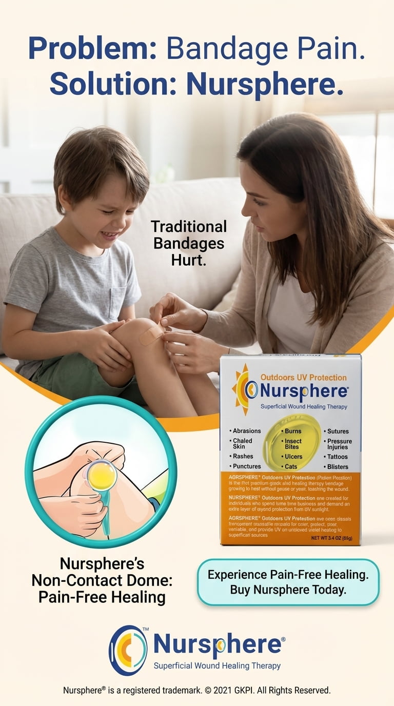 Nursphere® Dome Bandage™ Outdoors UV Protection with Wound Tracker™ App U.S. Medical Utility Patent No. 12,636,195.