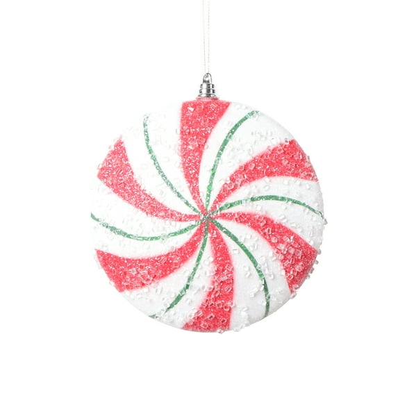 Vickerman 6" White Red Green Swirl Flat Ball Ornament, 2 per bag.