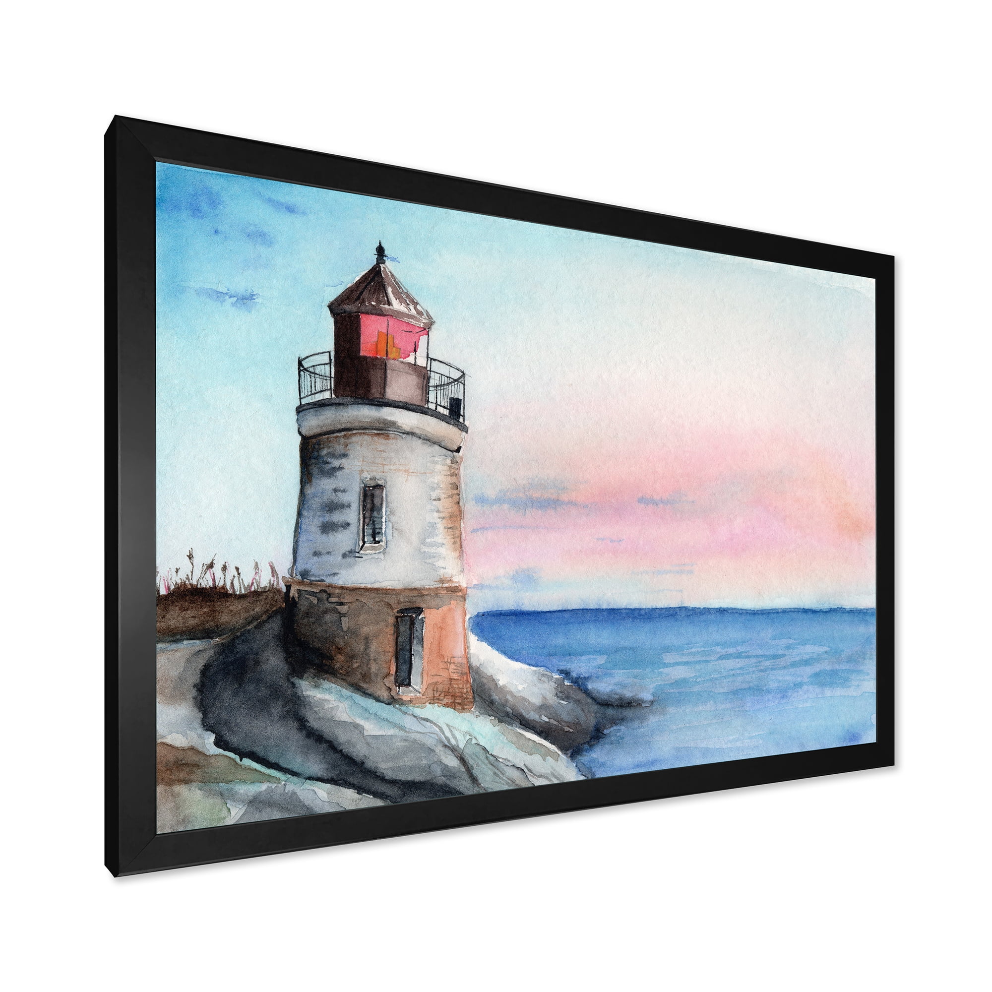 Designart 'A Lighthouse On A Rock Shore At Dawn' Nautical & Coastal Framed Art Print