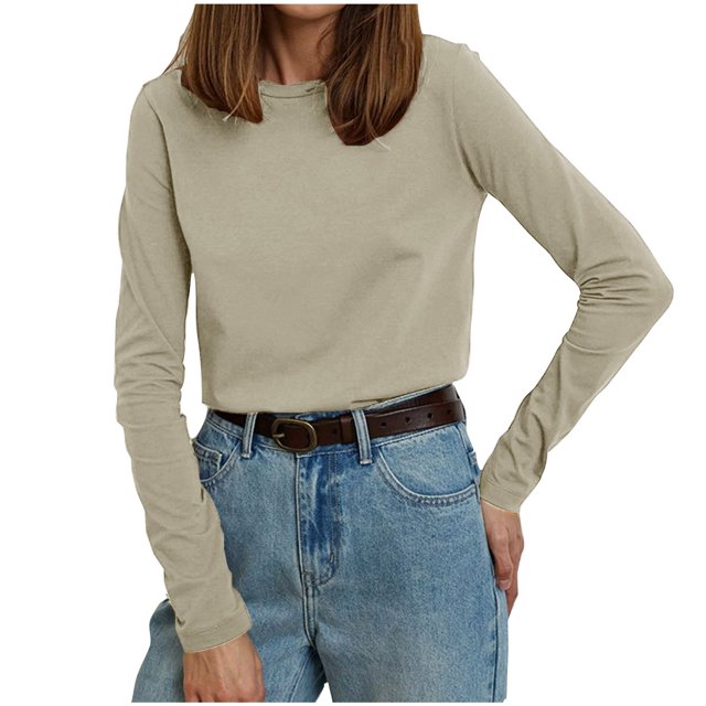 MeetoTime T-Shirt à Manches Longues en Coton pour Femmes Col Rond Basique Couleur Unie Chandail Confortable