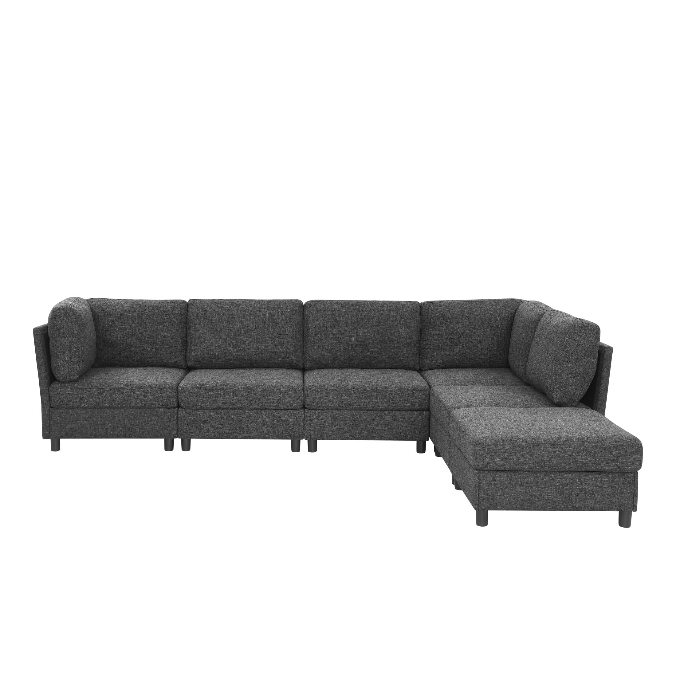 Noble House Modular Sectional Sofa with Convertible Ottoman, 6-Seat Corner Couch, Dark Gray