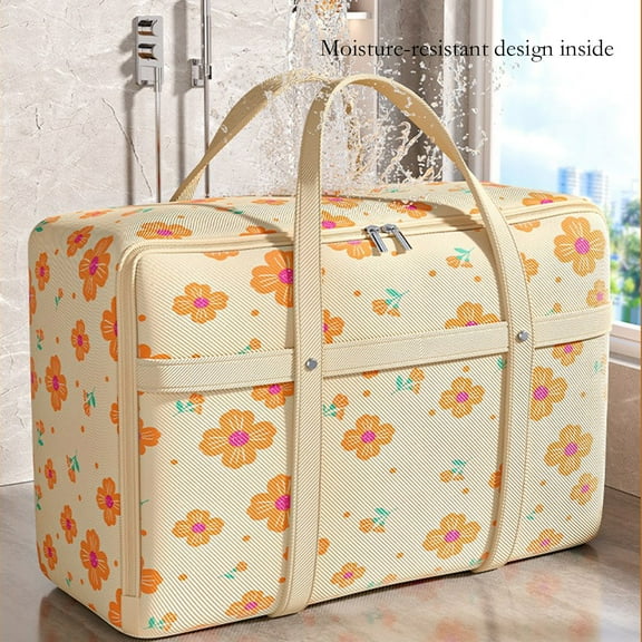 SHENGXINY Cute Floral Print Storage Bag with Zipper, Heavy Duty Moving Organizer for Pillows, Quilt, Blankets, Clothes and Comforter Orange 32.68x11.81x23.62in