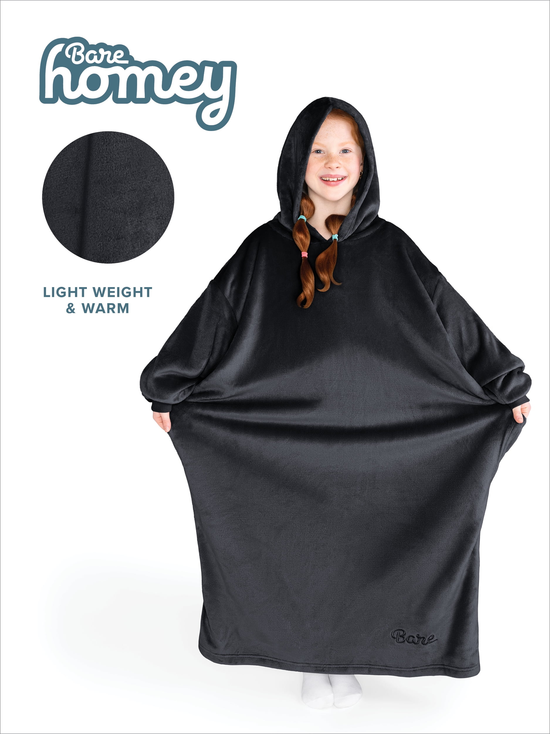 Bare Homey Kids Size Microplush Wearable Blanket - Long Length - Side Pockets - Velvety Soft, Black