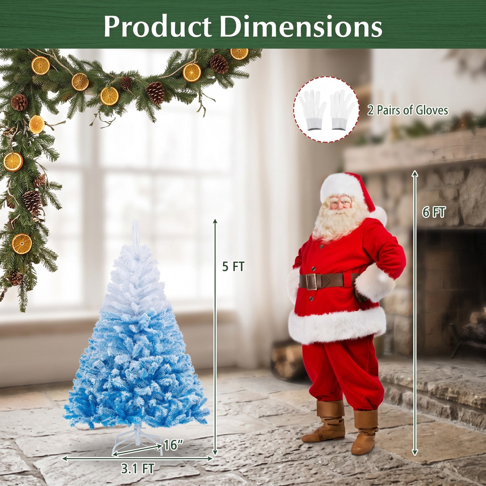 RUIE 5FT Artificial Christmas Tree, 456 Branch Tips Snow-Flocked Gradient Pine Xmas Tree with Folding Metal Stand for Home Office Holiday Decor, White & Blue