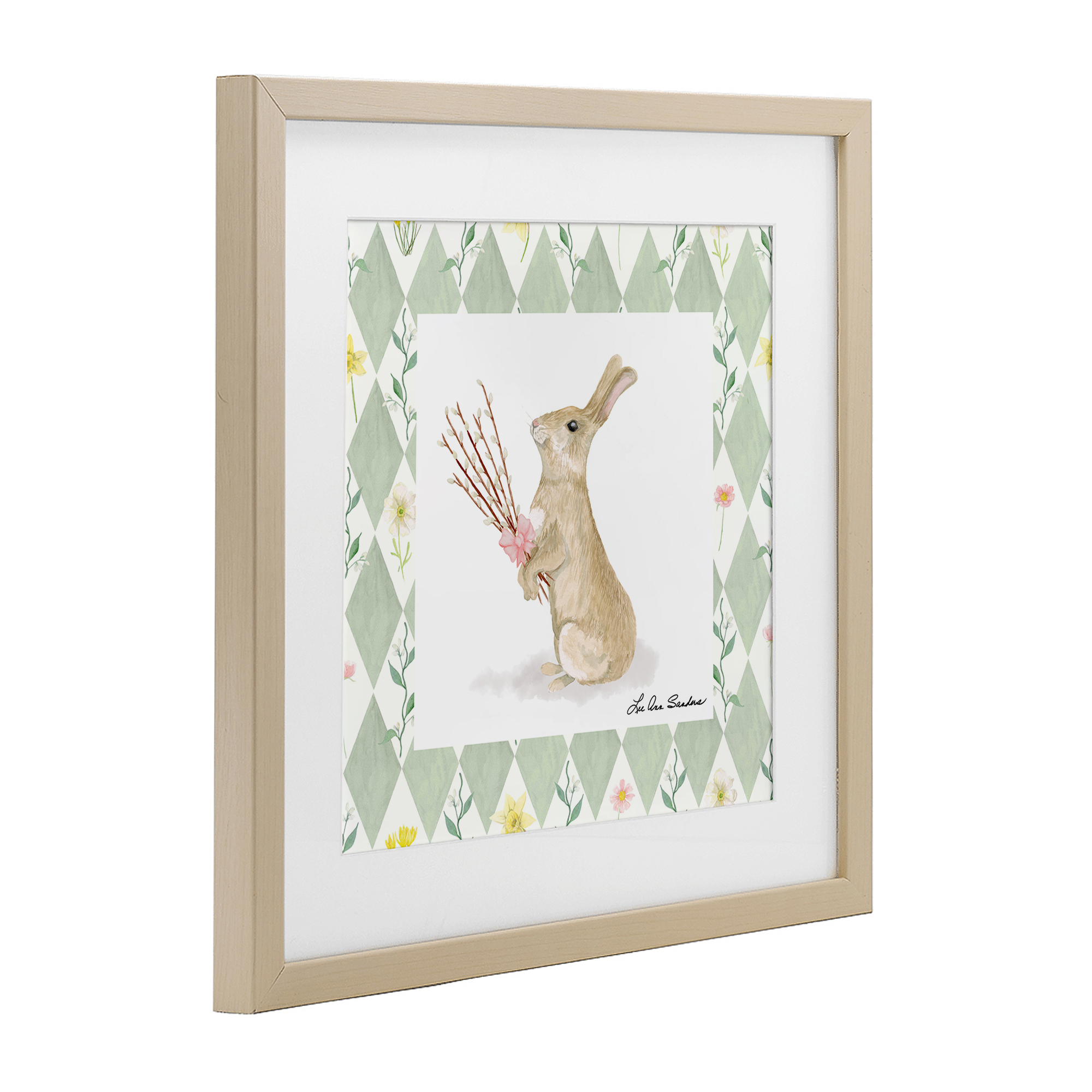 Bouquet Bunny on Green Argyle Birch Framed Print Under Glass, design by Lee Ann Sanders