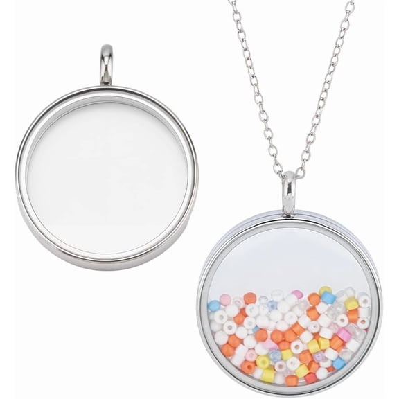 2 Pcs Floating Locket Charms Stainless Steel Flat Round Locket Pendants with Clear Glass Photo Frame Charms Memory Locket Picture Pendants for DIY DIY Necklace Jewelry Making Women Gift