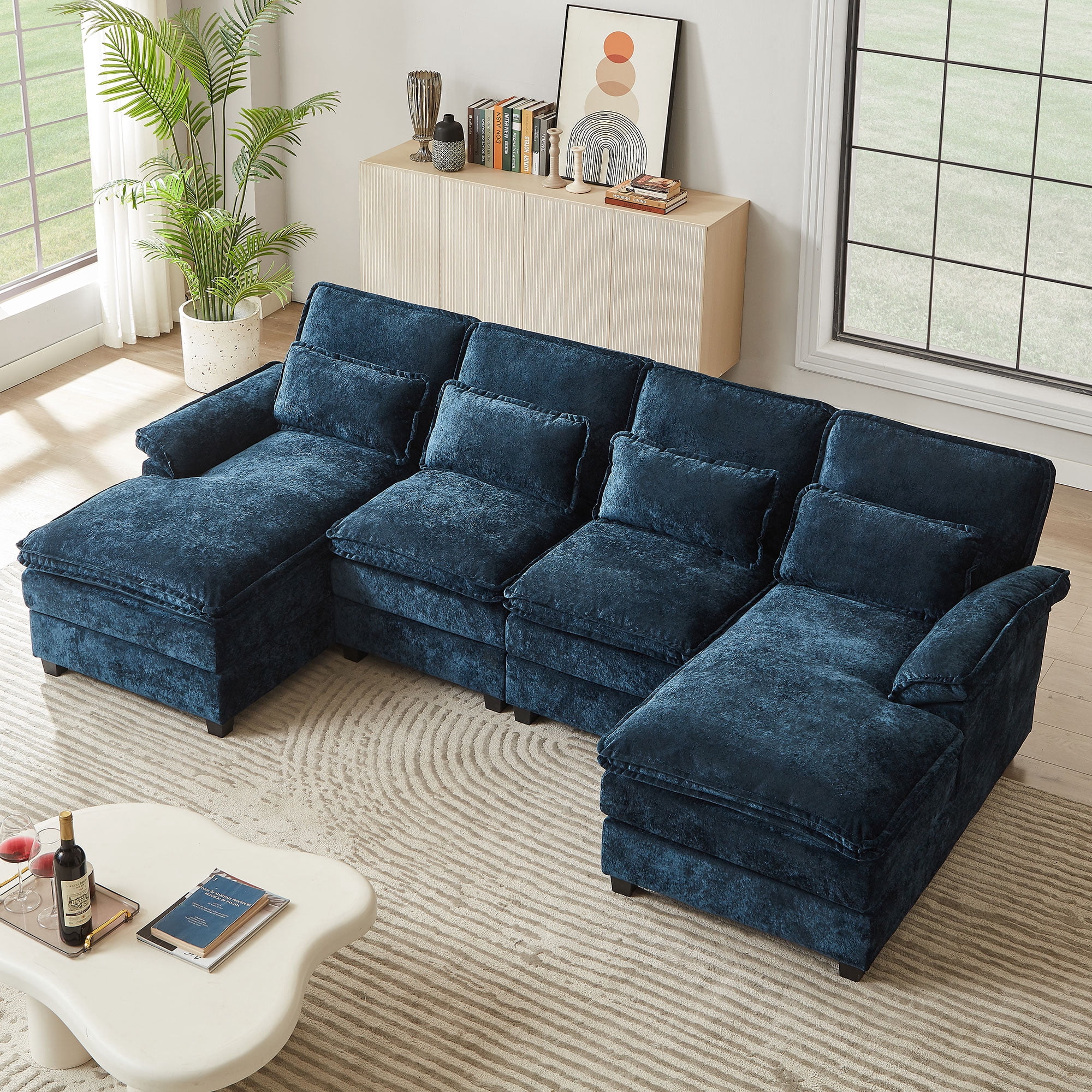 Pingliang Home Oversized Sectional Sofa U Shaped Couch 4 Seat with 4 Waist Pillows,Chenille Upholstery Symmetrical Sleeper Sofa Cloud Couch with Double Chaise Lounge for Living Room Apartment Office
