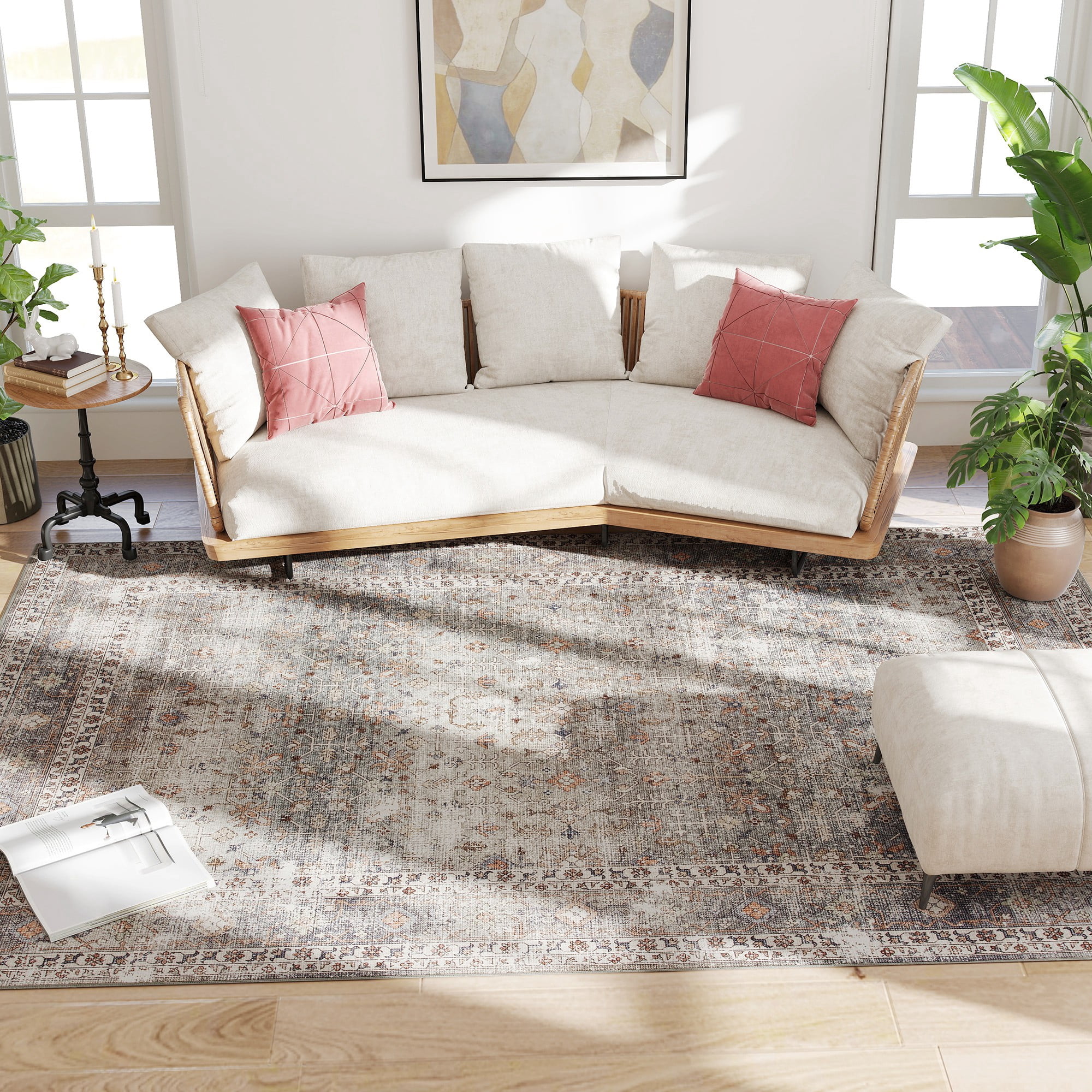 HOMCOM Machine Washable Area Rug 8x10, Non-Slip Chenille Traditional Floor Cover Foldable Carpet for Living Room, Bedroom, Dark Mixed-Brown