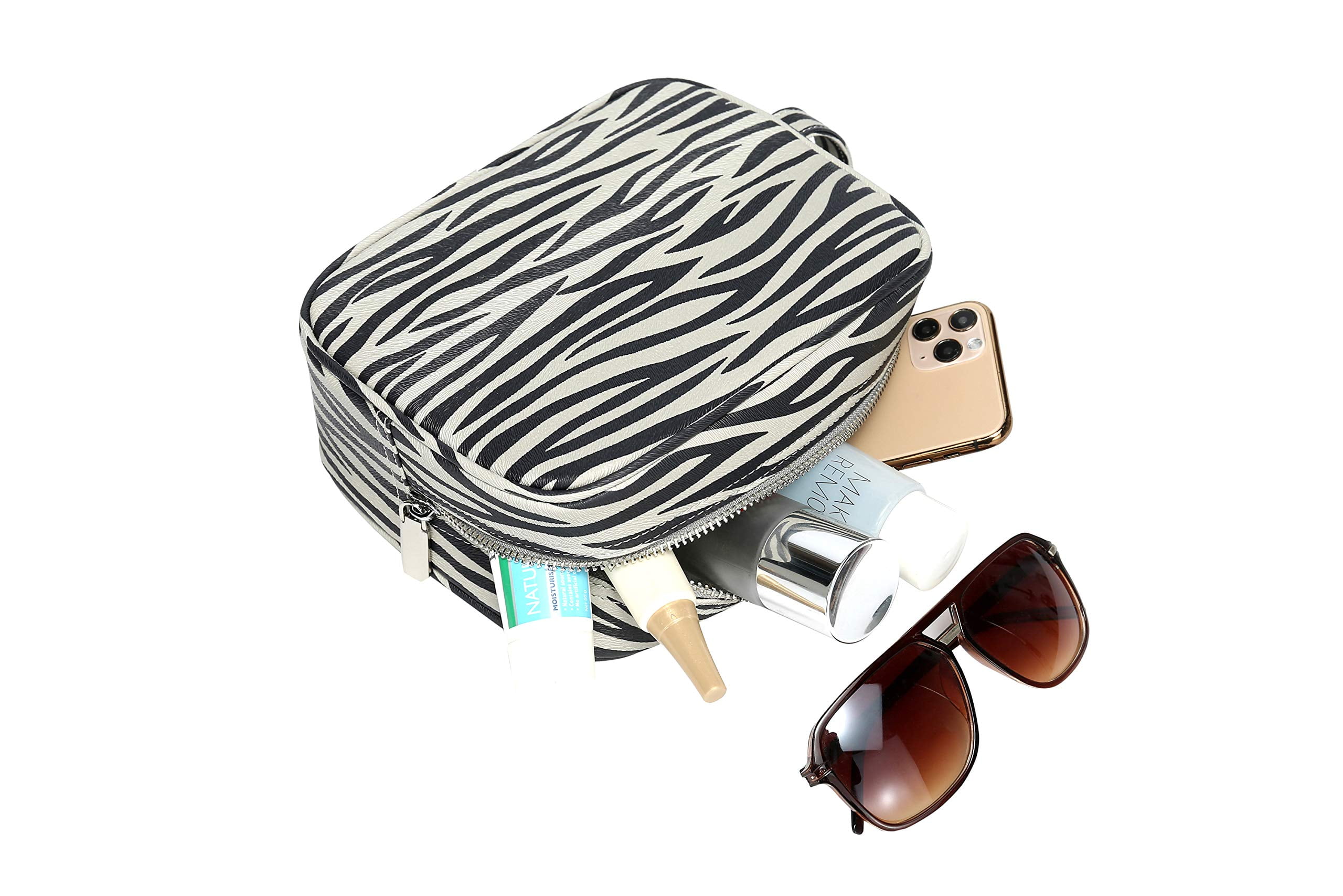 Daisy Rose Cosmetic Toiletry Bag PU Vegan Leather Travel Bag for Women - Grey Zebra