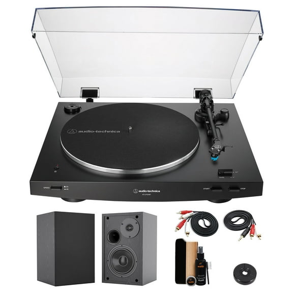 Audio-Technica AT-LP3XBT Fully Automatic Two-Speed Bluetooth Turntable (Black) with 45 rpm Adapter, 4 Inch Bookshelf Speakers (Pair) and Waith Record Cleaning Kit (Essential Bundle Set)