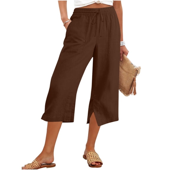 yillto Cotton Linen Capri Pant for Womens Wide Leg Palazzo Lounge Capris Pants Summer Loose Lounge Trousers