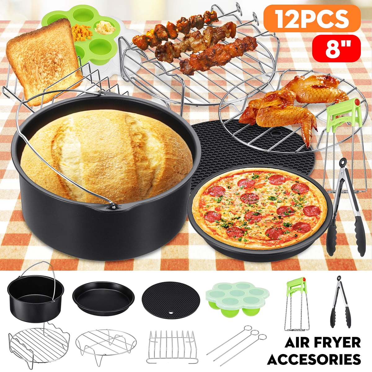 8IN1 8'' Air Fryer Accessories Set Pizza Pan Chips Baking 5.2~5.8QT 