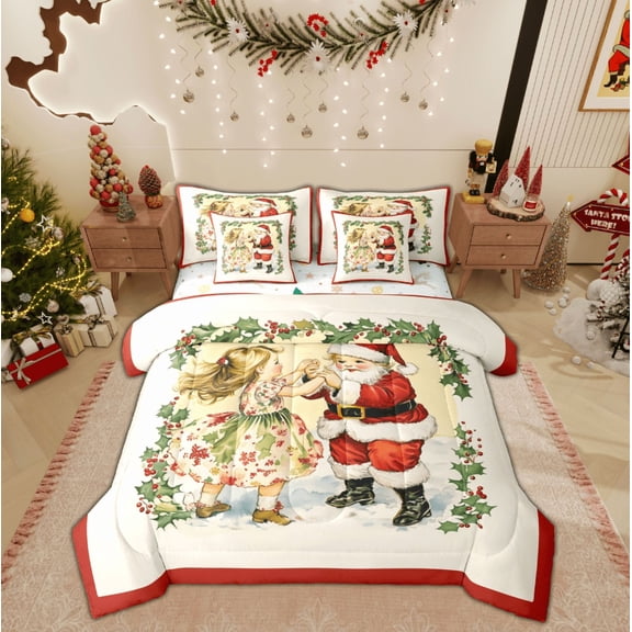 Feelyou Santa Claus Princess Twin Bedding Sets 7-Piece, Vintage Fairy Tale Bedding Comforter Set, Merry Christmas Reversible Sheet Sets, Lightweight Room Decor
