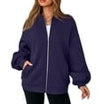 thumbnail image 6 of Mohiass Zip Up Sweatshirt Women No Hood Comfort Oversized Sweatshirt Cardigan Fleece Bomber Jacket Zipper Hoodless Hoodies Purple XL, 6 of 6