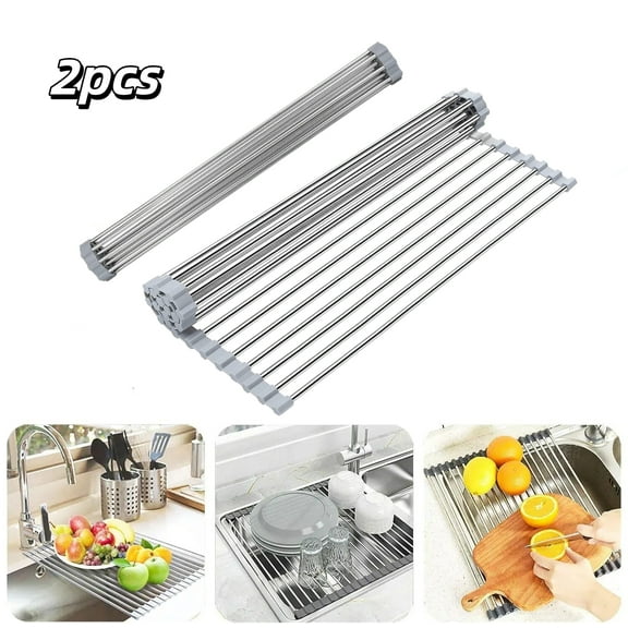 RYLZX 2pack 15" (L) x14.2" (W) over The Sink Dish Drying Rack, Roll up Dish Drying Rack Kitchen Dish Rack Stainless Steel Sink Drying Rack, Foldable Dish Drainer, Gray