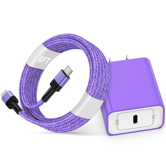USB C Charger Block,Zacenei 1Pack PD 20W USB C Wall Charger Adapter Type C Fast Charging Block w/ 1Pack Android Phone Charger Cord Type C Charging Cable 6ft Compatible for iPhone 16 15 Android,Purple