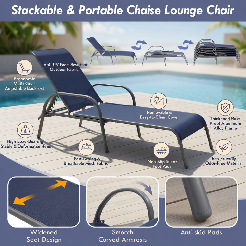 Hommoo 2-Pack Adjustable Outdoor Chaise Lounge Chairs, Fabric & Steel Patio Recliners with 5-Position Backrest, Poolside & Backyard Ready, Navy