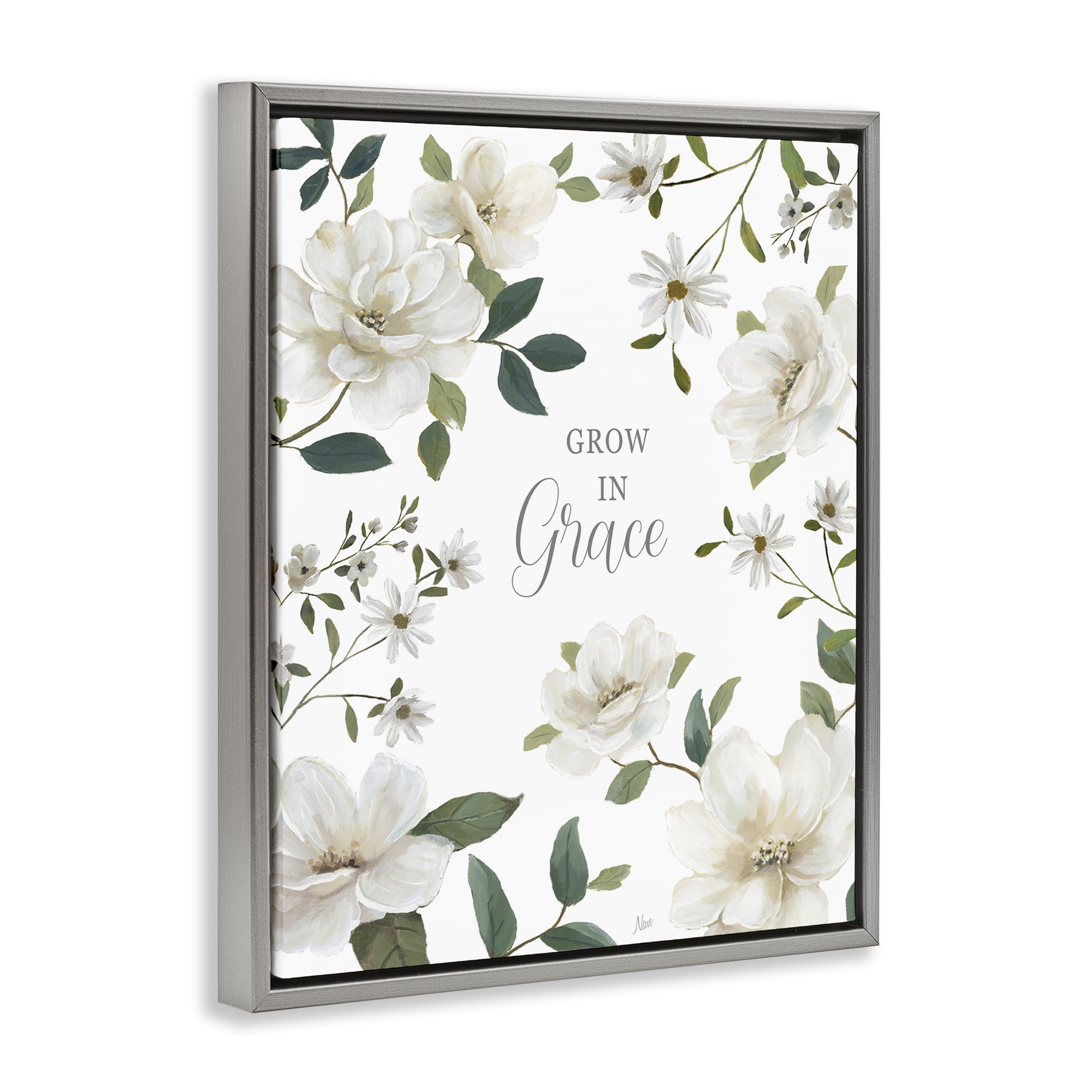 Stupell Industries Floral Grow In Grace Gray Framed Floater Canvas Wall Art, design by Nan
