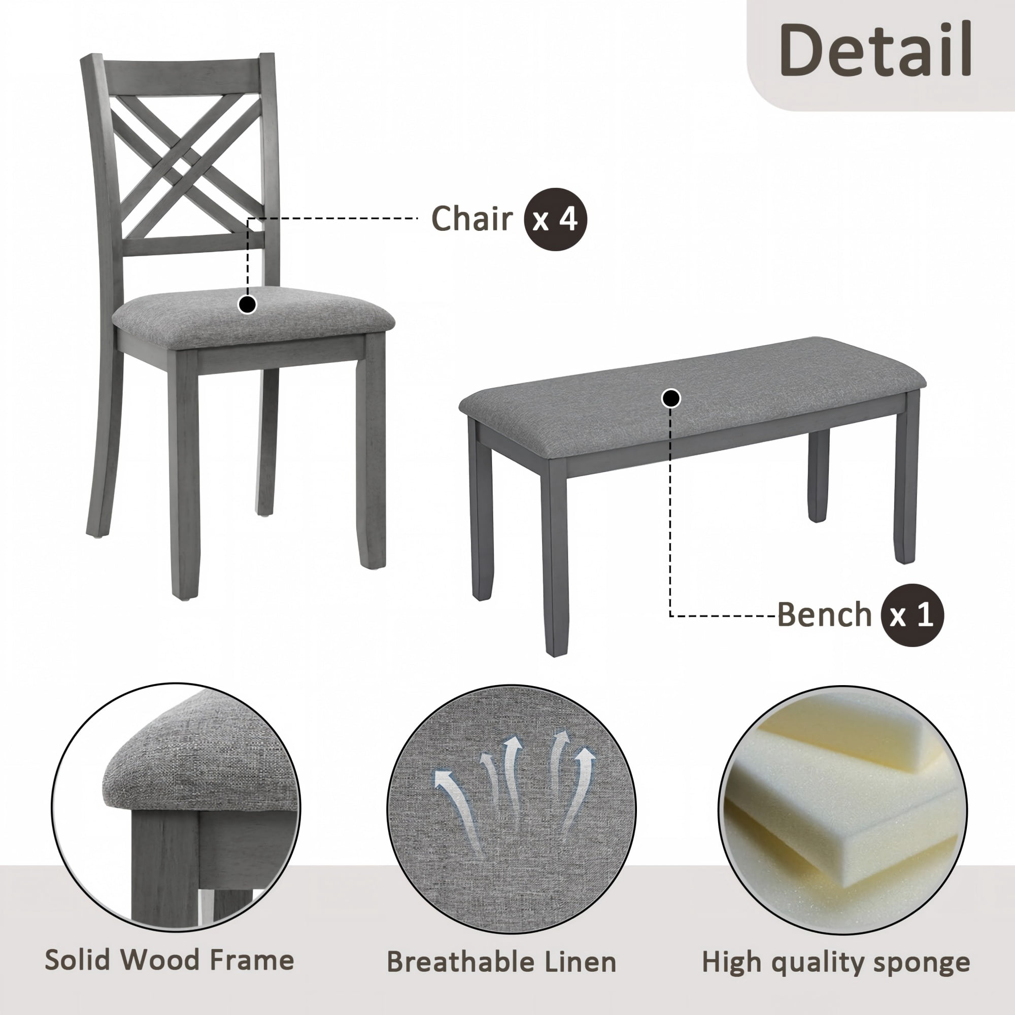 BSHTI 58.5" Acacia Wood & MDF 6-Piece Dining Table Set with Double X-Back Upholstered Chairs and Bench for Dining Room(Gray)