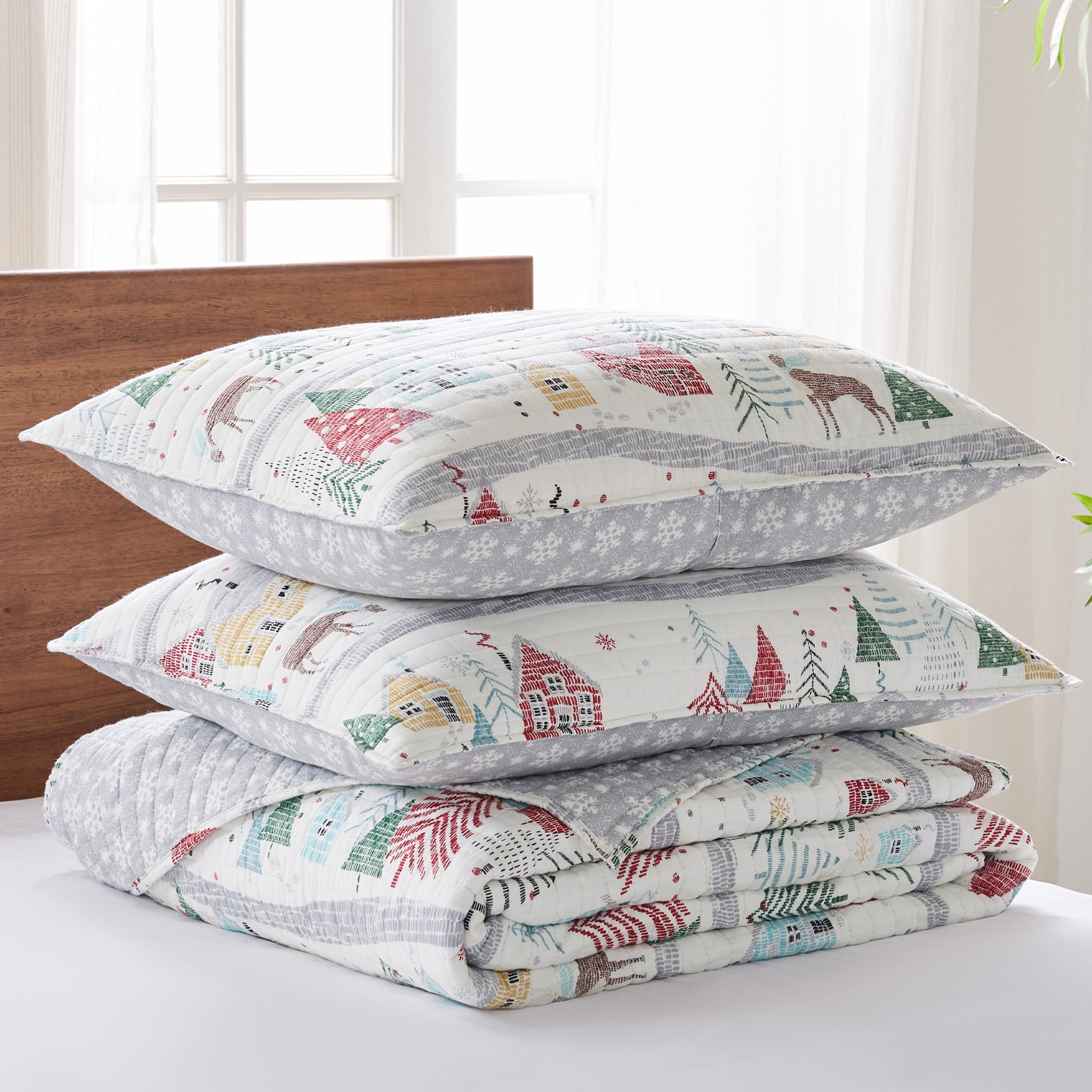 Levtex Home - Joulset Quilt Set - King Quilt and Two King Shams - Winter Woods - White, Green, Teal and Red - Quilt (106x92in.) and Shams (20x36in.) - Reversible - Cotton