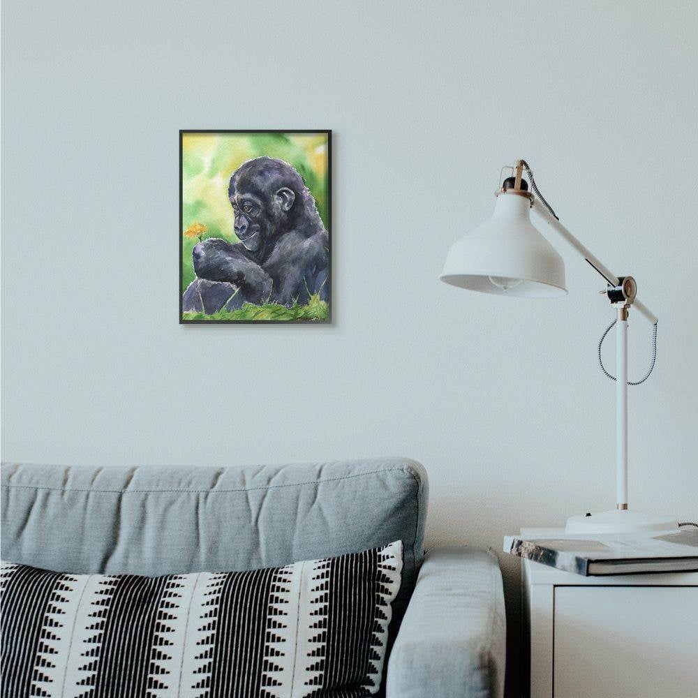 Stupell Industries Baby Gorilla Animal And Flower Green Watercolor Painting Framed Giclee Texturized Art by George Dyachenko