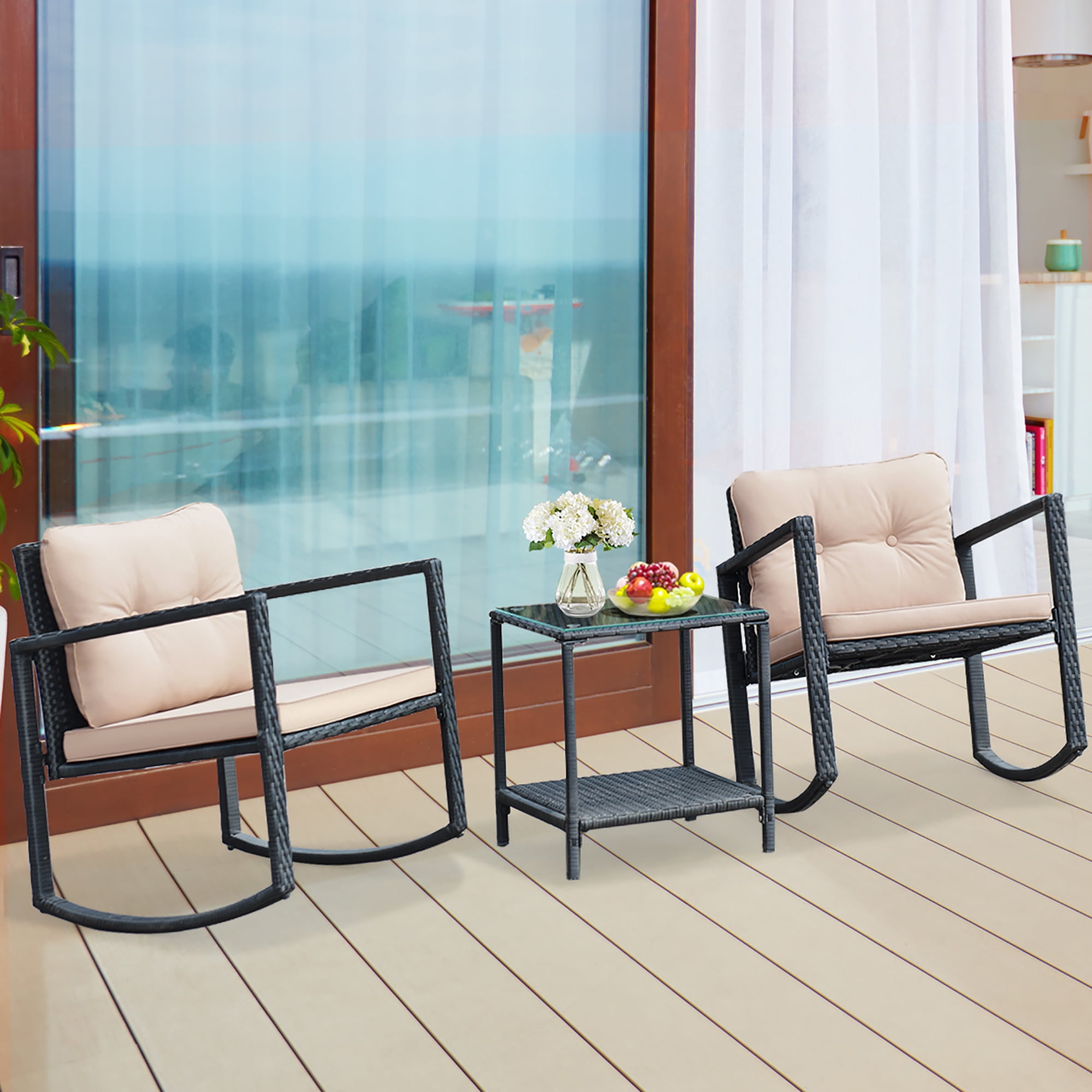 Costway 3PC Patio Rattan Conversation Set Rocking Chair Cushioned Sofa Outdoor Furniture