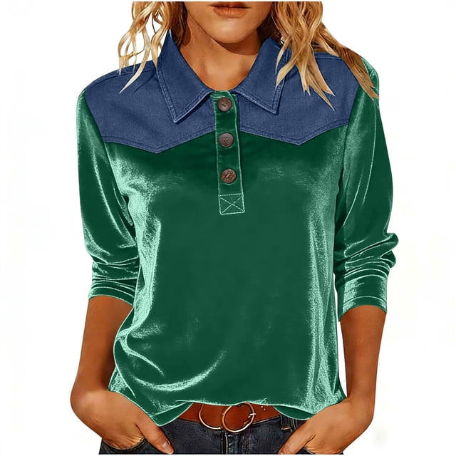Camisetas de Manga Larga de Negocios Casual para las Mujeres Slim-Fitting Gold Velvet Denim Patchwork Pullover, Camisetas de Manga Larga de las Señoras para el Trabajo Diario de la Oficina