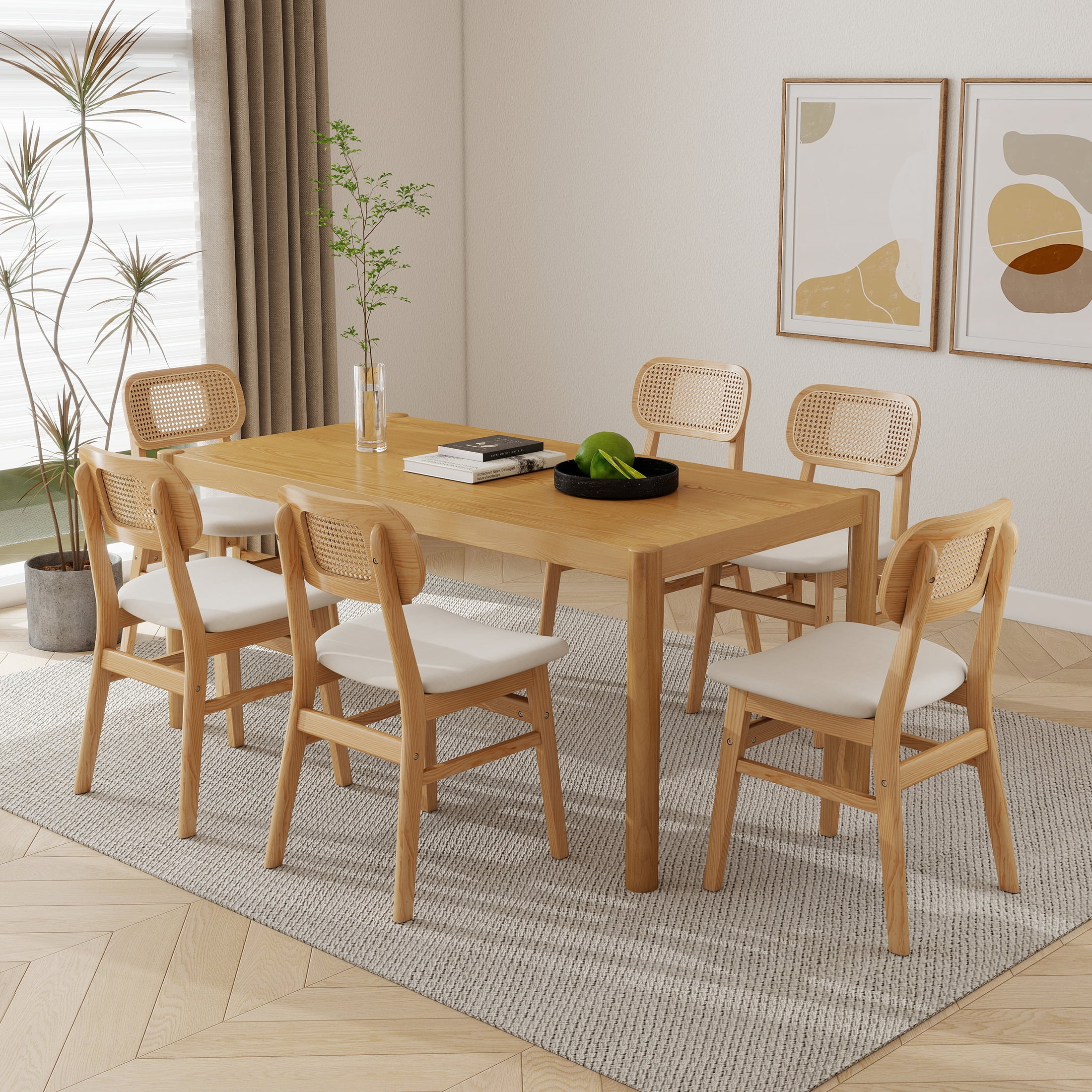 Guyou Rattan Dining Chairs Set of 4, Farmhouse Natural Wooden Dining Side Chairs, Mid Century Modern Linen Upholstered Kitchen Chairs with Cane Back for Dining Room Kitchen Living Room, Beige