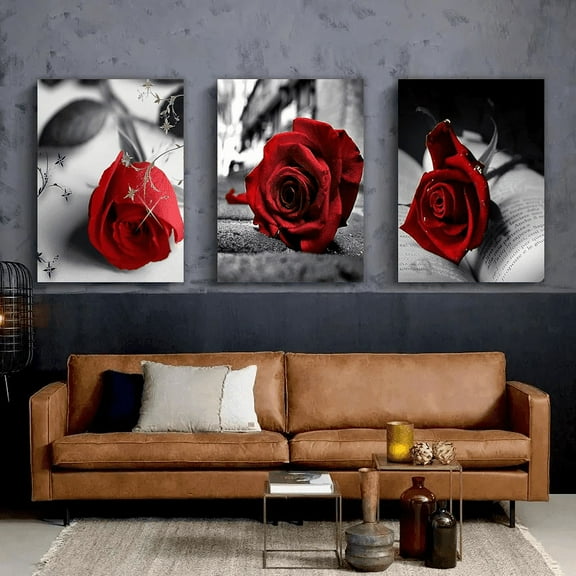 3 Pieces Frameless Canvas Painting Wrapped Canvas, Printed on Canvas-Red Rose Black and White Flower Design Wrapped Canvas Living Room Decoration, Bedroom, Hallway
