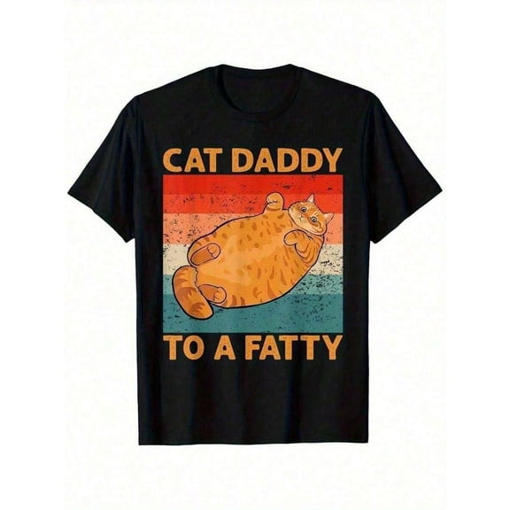 Men's Retro Cat Dad Humor Graphic T-Shirt - Cat Daddy To A Vintage Grunge Design, 100% Cotton Regular Fit Black Tee For Casual Outdoor & Daily Wear - Funny Pet Lover Gift, Cat Dad Gifts,100% Pure Cot