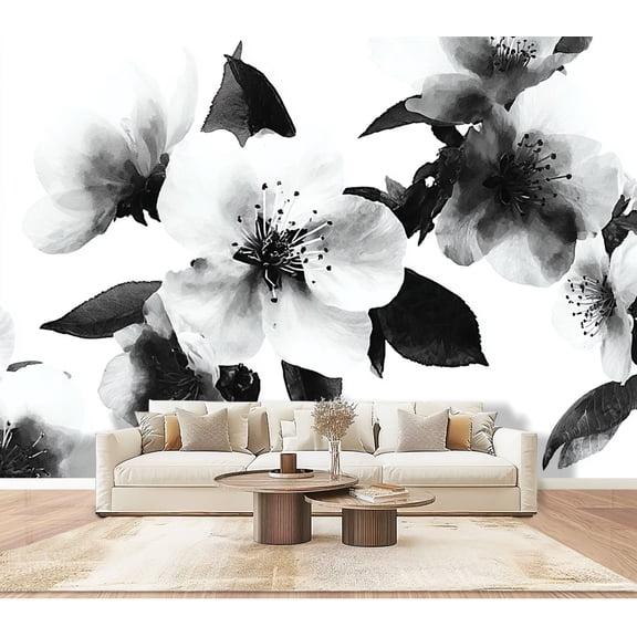 Wallpaper Black White Peach Blossom Floral Ink Art Flowers Petals Peel and Stick Wall Murals 100"H x 144"W Removable PVC Wall Paper Self-Adhesive Wall Paintings Art Decor for Bedroom Living Room