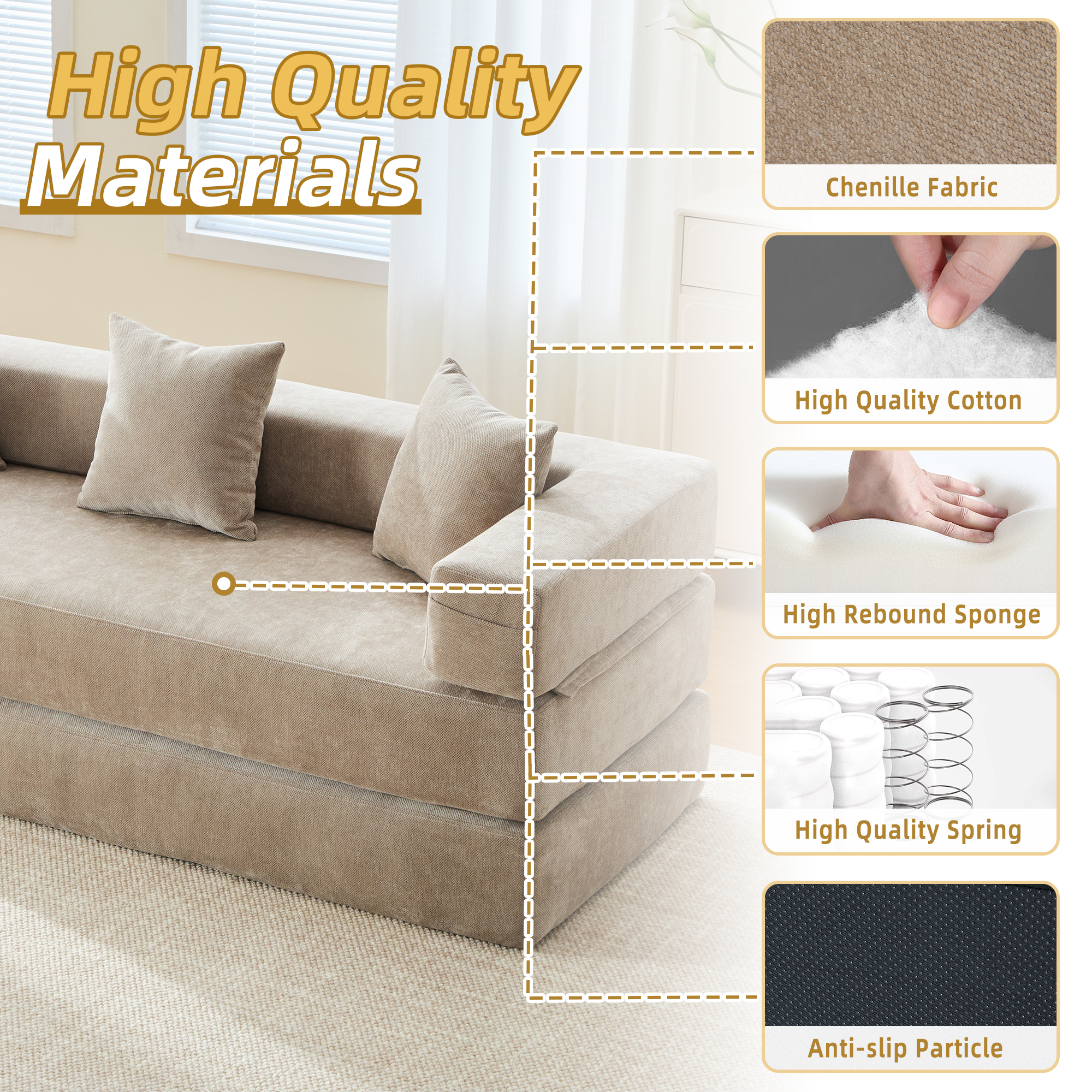 MOONMISS Chenille Upholstered Convertible Foldable Memory Foam Sleeper Sofa with Pillows for Living Room-Coffee