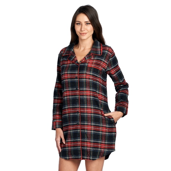 Ashford & Brooks Women's Flannel Plaid Long Lounge Shirt Sleep Nightshirt - Black Stewart - 3X-Large