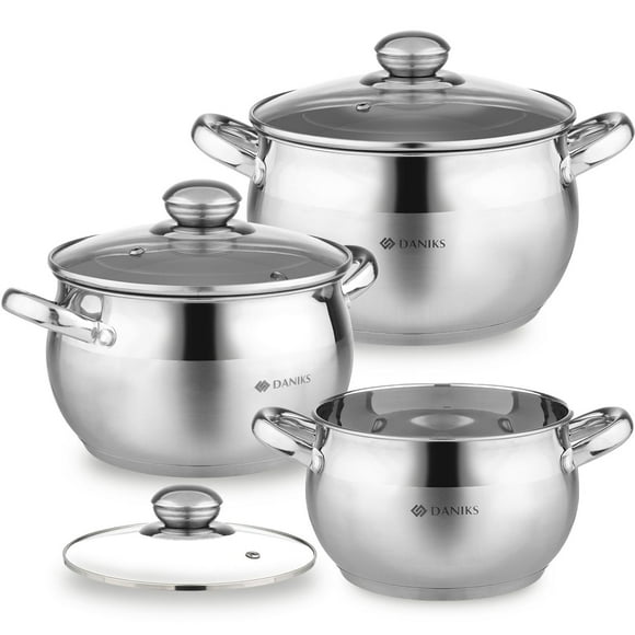 Juego de utensilios de cocina con olla de inducción de cocina de acero inoxidable clásico Daniks | 6 piezas | Ollas aptas para lavavajillas con tapa | 2 cuartos + 3 cuartos + 4 cuartos | Escala de med