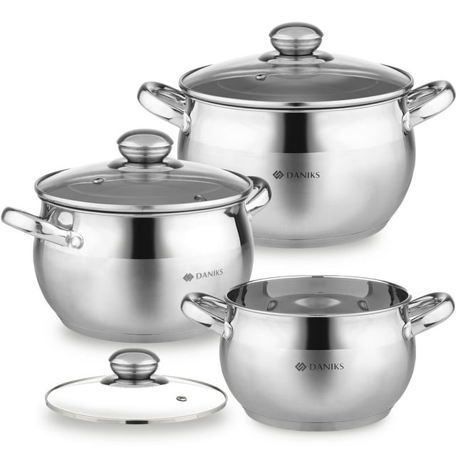Juego de utensilios de cocina con olla de inducción de cocina de acero inoxidable clásico Daniks | 6 piezas | Ollas aptas para lavavajillas con tapa | 2 cuartos + 3 cuartos + 4 cuartos | Escala de med