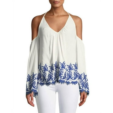 Ramy Brook WHITE/BLUE Damaris Cold Shoulder Embroidered Blouse, US X-Small
