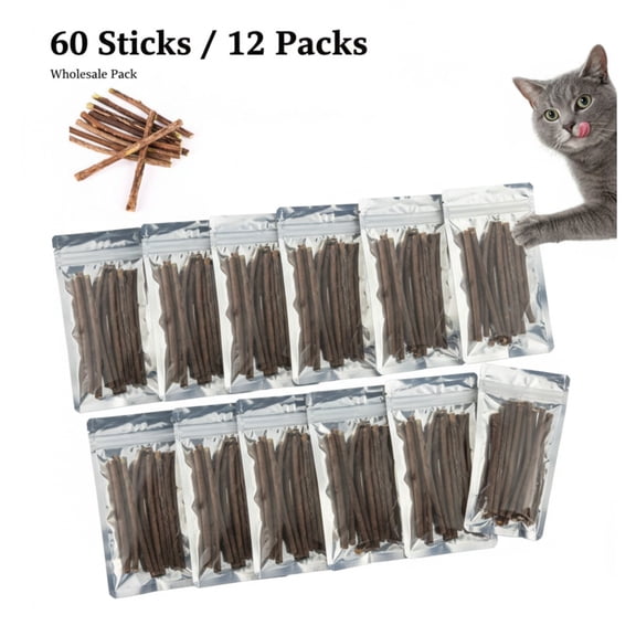 SharkTRUE 60-Piece Natural Silvervine Sticks with Catnip for Cats - Dental Chew Toys to Clean Teeth & Reduce Tartar