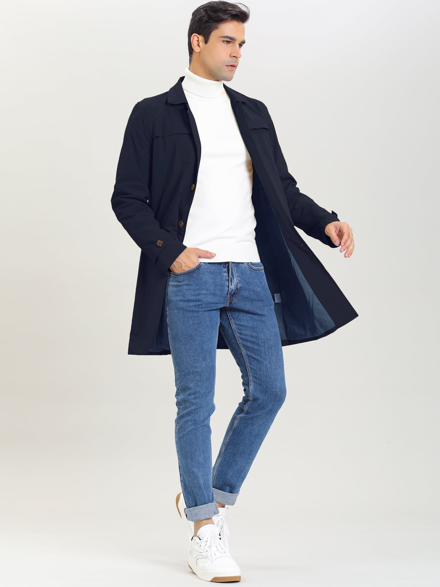 DARING DIVA Men's Trench Coat Lightweight Single Breasted Jacket Overcoat S Navy Blue